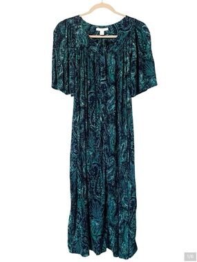 Go Softly Patio Dress Navy Blue Green Paisley Floral Rayon Popover Small S